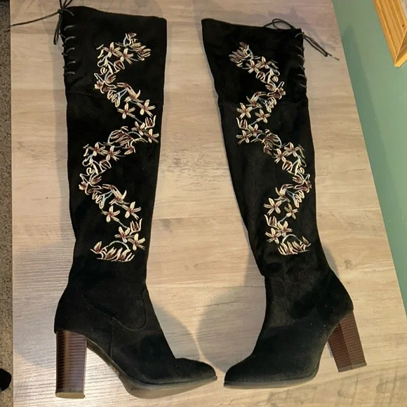 Black Suede Lace Up Back -QUPID Stretchy Over The Knee Boots Size 9M - Picture 4 of 9